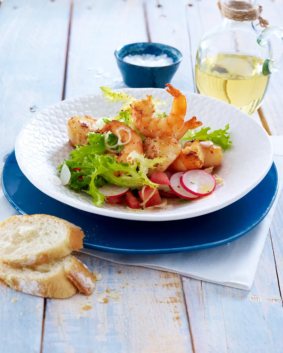 Gebratene Jakobsmuschel und Garnelen Rezept