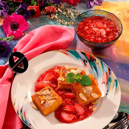Gebratene Polenta mit Rhabarber-Kompott Rezept Gebratene Polenta mit Rhabarber-Kompott Rezept