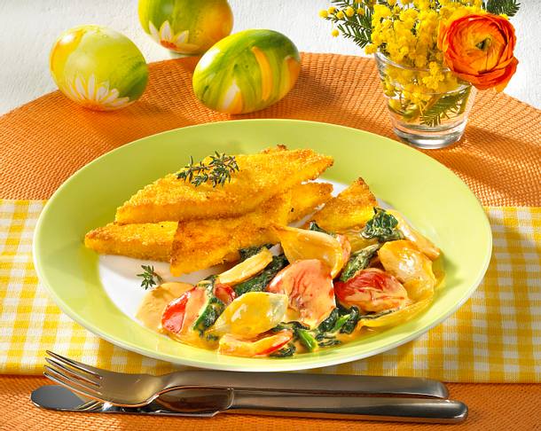 Gebratene Polentarauten mit Spinat-Paprikagemüse Rezept Gebratene Polentarauten mit Spinat-Paprikagemüse Rezept