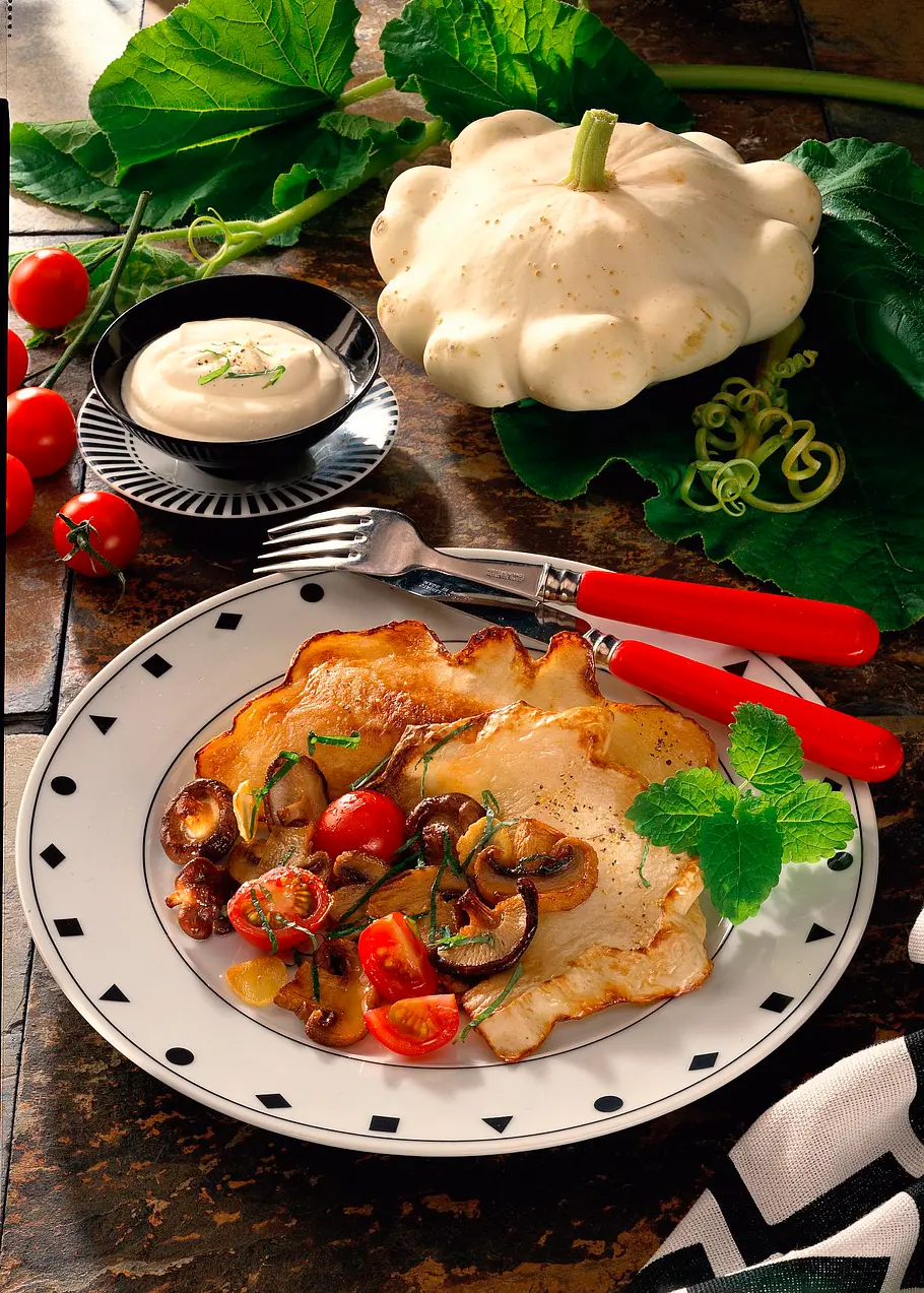 Gebratener Squash-Kürbis mit Pilzgemüse Rezept Gebratener Squash-Kürbis mit Pilzgemüse Rezept