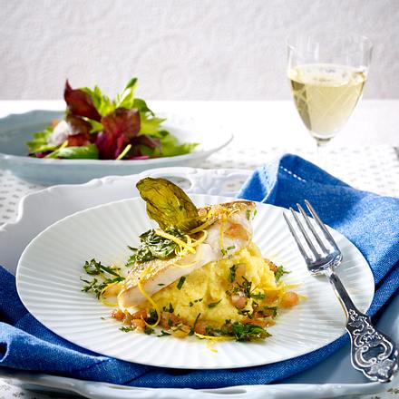 Gebratenes Zanderfilet mit Sauce vierge auf Polenta Rezept Gebratenes Zanderfilet mit Sauce vierge auf Polenta Rezept