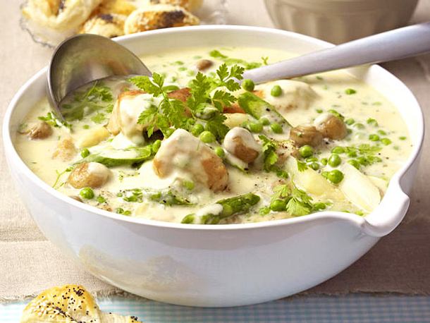 Geflügel-Pilztopf mit zweierlei Spargel Rezept Geflügel-Pilztopf mit zweierlei Spargel Rezept