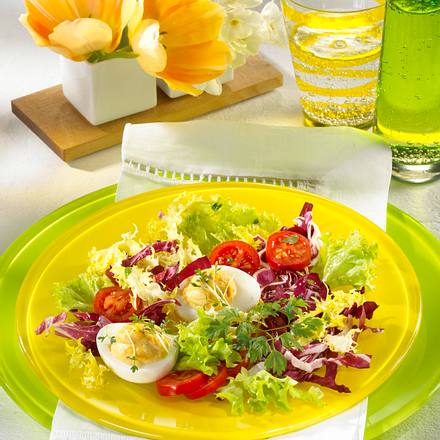 Gefüllte Eier auf buntem Salat mit Kerbel-Vinaigrette Rezept Gefüllte Eier auf buntem Salat mit Kerbel-Vinaigrette Rezept
