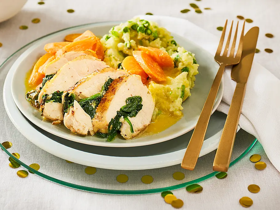 Gefüllte Maishähnchenfilets auf Orangen-Möhren