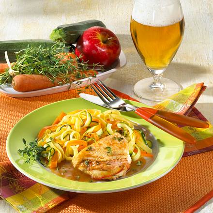 Gefülltes Putenschnitzel mit Gemüsenudeln Rezept