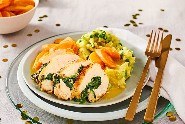 Gefüllte Maishähnchenfilets auf Orangen-Möhren und Kartoffel-Erbsen-Stampf Rezept