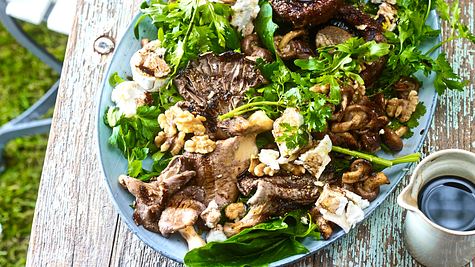 Gegrillte Pilze mit Walnuss-Marinade auf Kräuterbett mit Ziegenkäse Rezept - Foto: House of Food / Bauer Food Experts KG