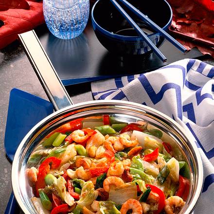 Gemüse-Pfanne mit Shrimps Rezept Gemüse-Pfanne mit Shrimps Rezept