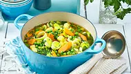 Bunter Gemüseeintopf mit Erbsen, Möhren und Porree in einem türkisen Suppentopf, daneben eine Suppenkelle - Foto: LECKER @ Bauer Media Group Bunter Gemüseeintopf mit Erbsen, Möhren und Porree in einem türkisen Suppentopf, daneben eine Suppenkelle - Foto: LECKER @ Bauer Media Group