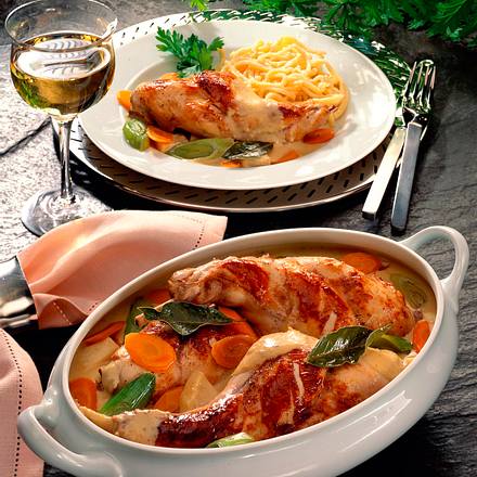 Geschmorte Kaninchenkeulen auf Suppengemüse Rezept Geschmorte Kaninchenkeulen auf Suppengemüse Rezept