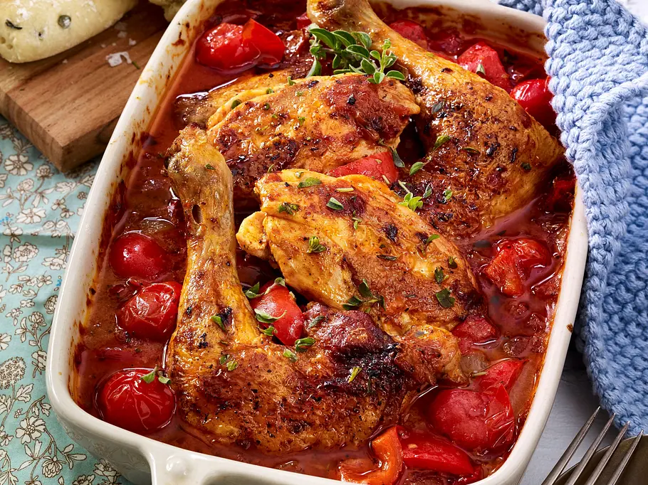 Geschmorte Hähnchenkeulen in Tomatensauce mit Kräutern, serviert in einer weißen Auflaufform, dazu Kräuter-Ciabatta auf einem Holzbrett.