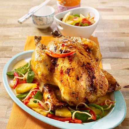 Glasiertes Hähnchen mit süß-scharfem Asia-Gemüse Rezept Glasiertes Hähnchen mit süß-scharfem Asia-Gemüse Rezept