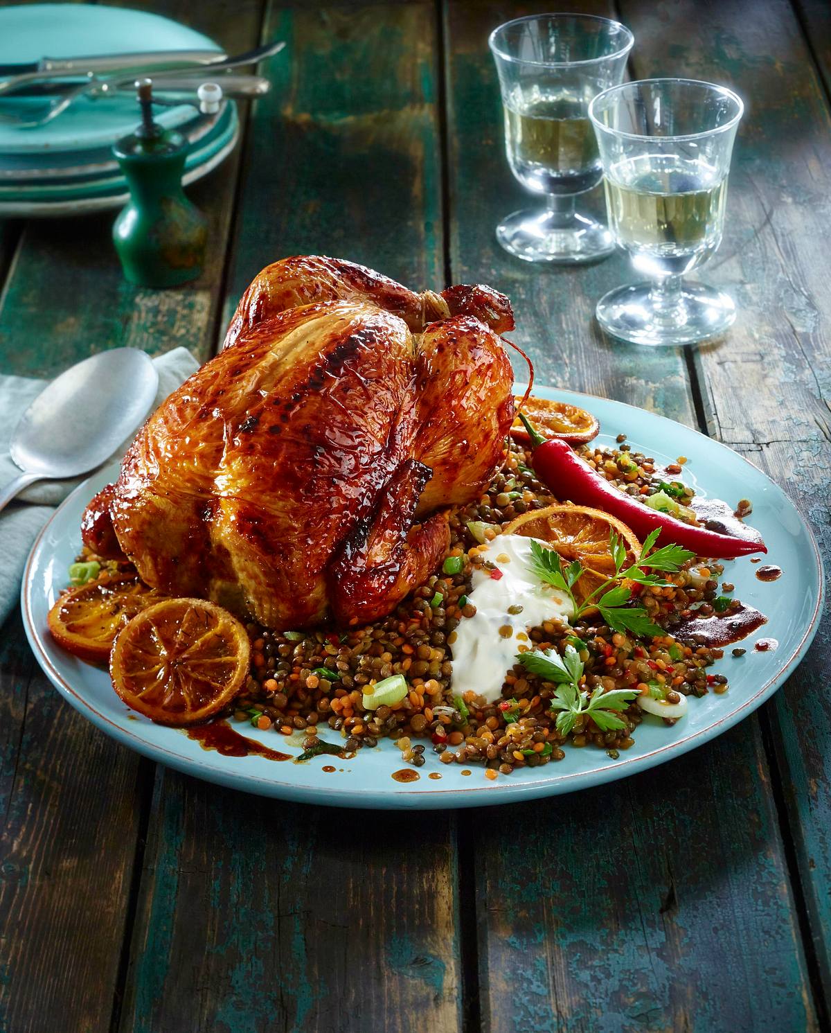 Glasiertes Hähnchen auf rotem Linsengemüse Rezept