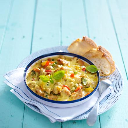 Gratinierte Hähnchenfilets mit Champignon-Paprika-Gemüse Rezept