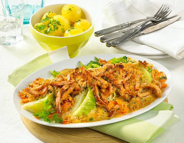 Gratiniertes Kasseler-Geschnetzeltes Rezept Gratiniertes Kasseler-Geschnetzeltes Rezept