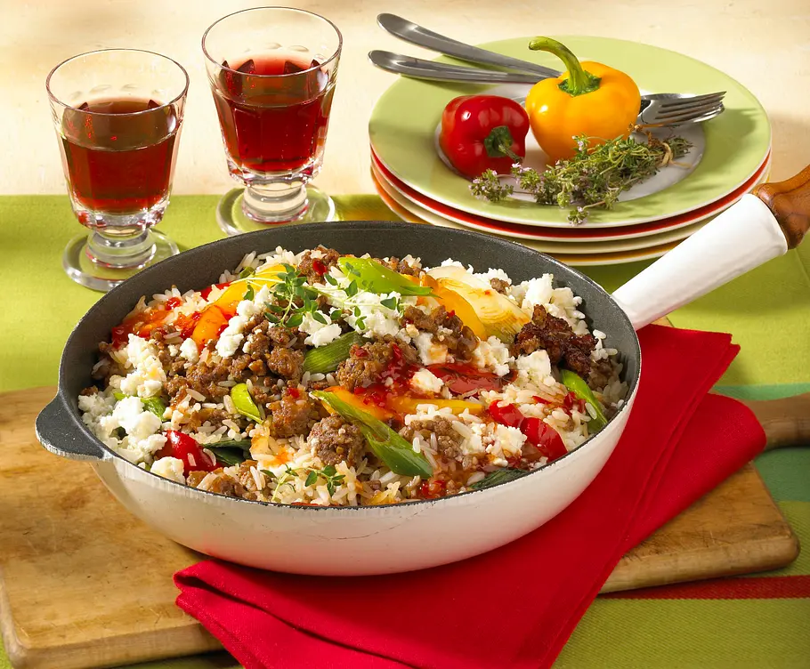Griechische Reispfanne mit Hack Rezept Griechische Reispfanne mit Hack Rezept