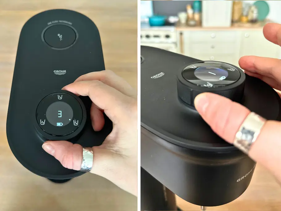 Hand dreht oben am Rad des Grohe Blue Fizz Advanced, um die Sprudelstärke einzustellen
