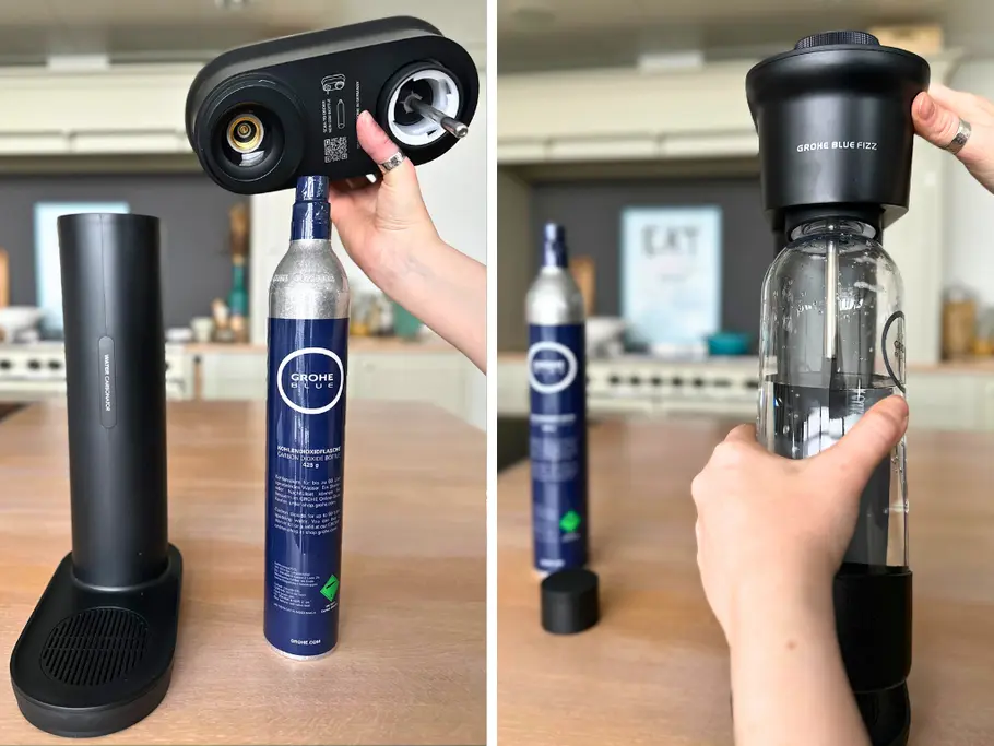 Links: Abgedrehter Gerätekopf vom Grohe Blue Fizz Advanced mit Gewinde für die CO2-Flasche; rechts: Flasche wird mit beiden Händen in den Wassersprudler geschraubt 