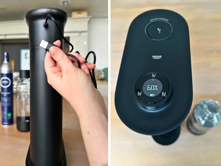 Links: Eine Hand hält das USB-C-Ladekabel, das hinten im Grohe Blue Fizz Advanced steckt; rechts: auf dem LED-Display steht der CO2-Füllstand in Prozent