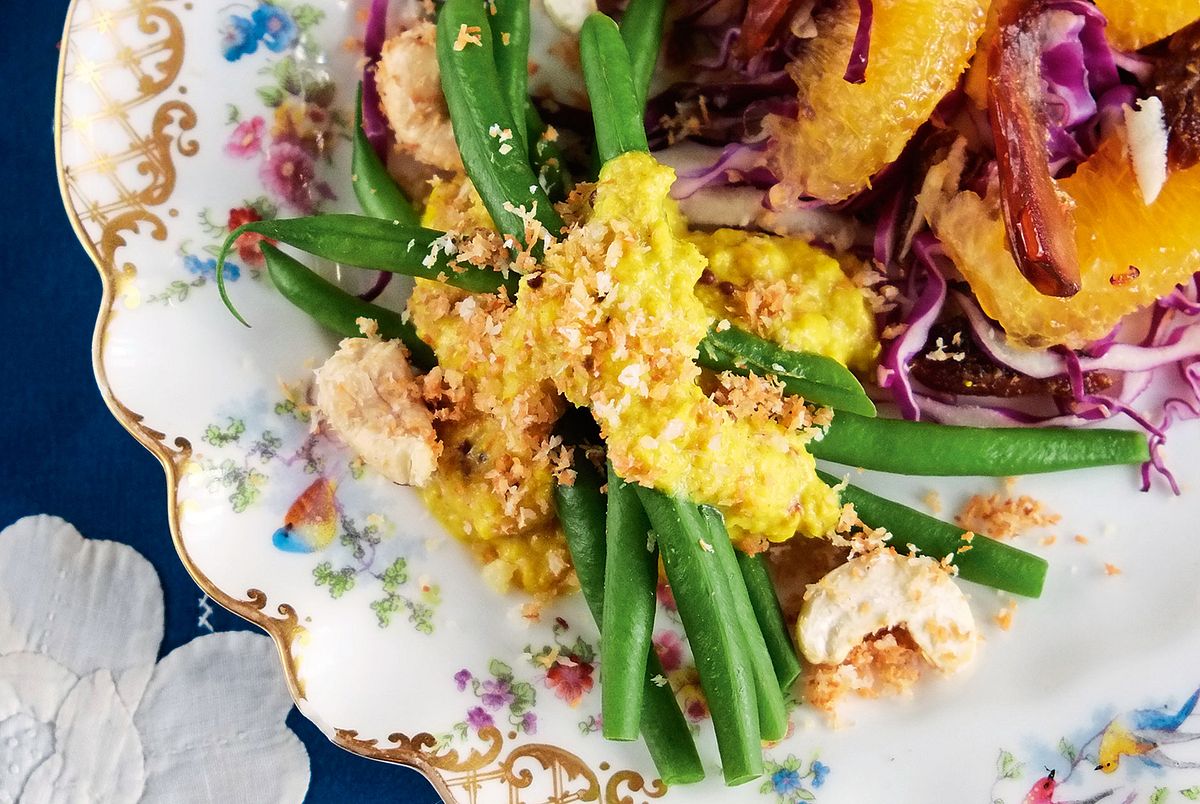 Grüne Bohnen mit Cashewsoße und Rotkohlsalat Rezept