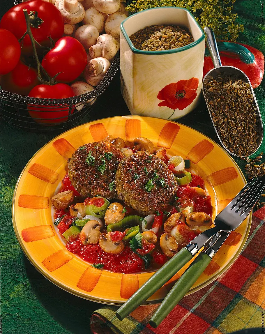 Grünkern-Frikadellen mit Tomatensoße Rezept Grünkern-Frikadellen mit Tomatensoße Rezept