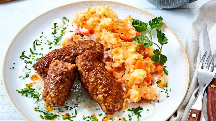 Hackröllchen mit Kartoffel-Möhren-Püree Rezept - Foto: LECKER @ Bauer Media Group