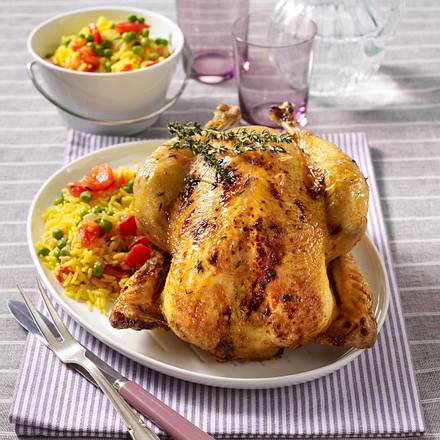Hähnchen mit Safran-Reis, Tomaten, Erbsen und Thymian Rezept Hähnchen mit Safran-Reis, Tomaten, Erbsen und Thymian Rezept