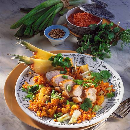 Hähnchenfilet auf Linsen-Ananasgemüse Rezept Hähnchenfilet auf Linsen-Ananasgemüse Rezept