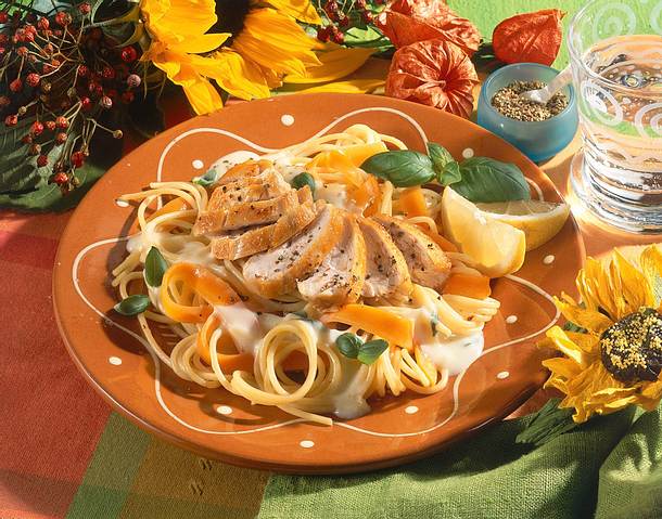 Hähnchenfilet auf Spaghetti-Gemüsebett Rezept Hähnchenfilet auf Spaghetti-Gemüsebett Rezept