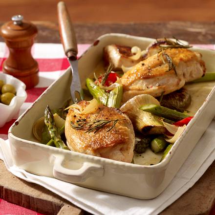 Hähnchenfilet mit grünem Spargel und Involtini-Spieße Rezept