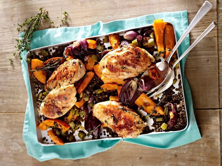 Hähnchenfilet und Kürbis vom Blech Rezept Hähnchenfilet und Kürbis vom Blech Rezept