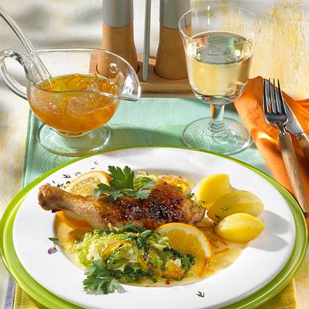 Hähnchenkeulen in Orangensoße Rezept Hähnchenkeulen in Orangensoße Rezept