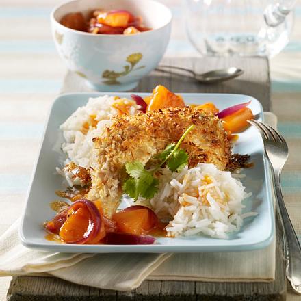 Hähnchenkeulen mit Kokospanade, Ananaschutney und Basmatireis Rezept