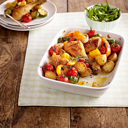 Hähnchenkeulen mit Sommergemüse Rezept Hähnchenkeulen mit Sommergemüse Rezept