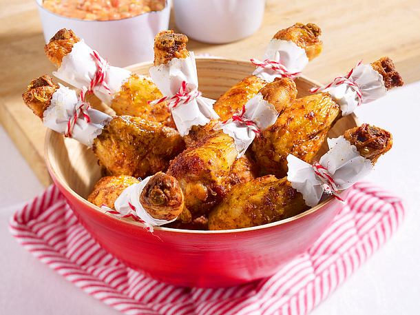 Hähnchenkeulen mit Paprika-Dip Rezept Hähnchenkeulen mit Paprika-Dip Rezept