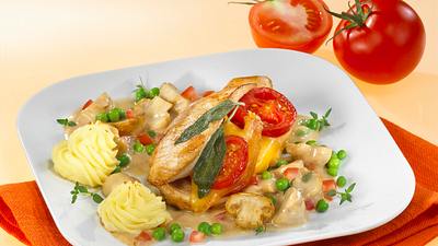 Hähnchen Cordon Bleu mit Erbsen, Champignons und Kartoffelpüree Rezept - Foto: Först, Thomas