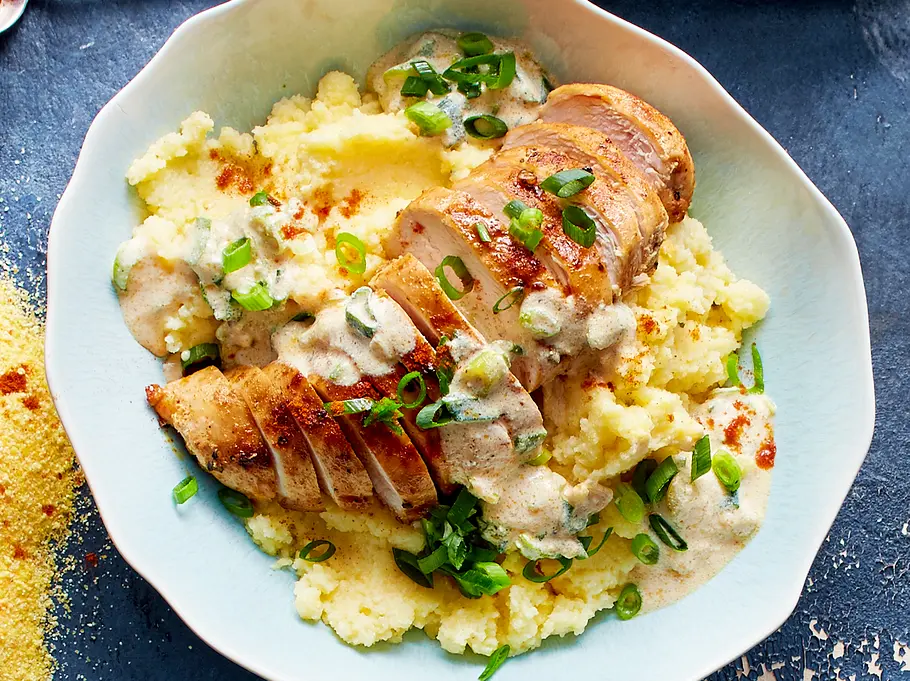 Hähnchen mit Ricottacreme und Polenta Rezept Hähnchen mit Ricottacreme und Polenta Rezept
