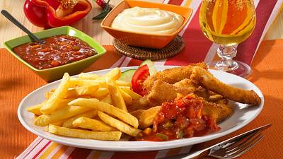 Hähnchen-Stäbchen mit Zigeunersoße und Pommes Rezept - Foto: LECKER @ Bauer Media Group