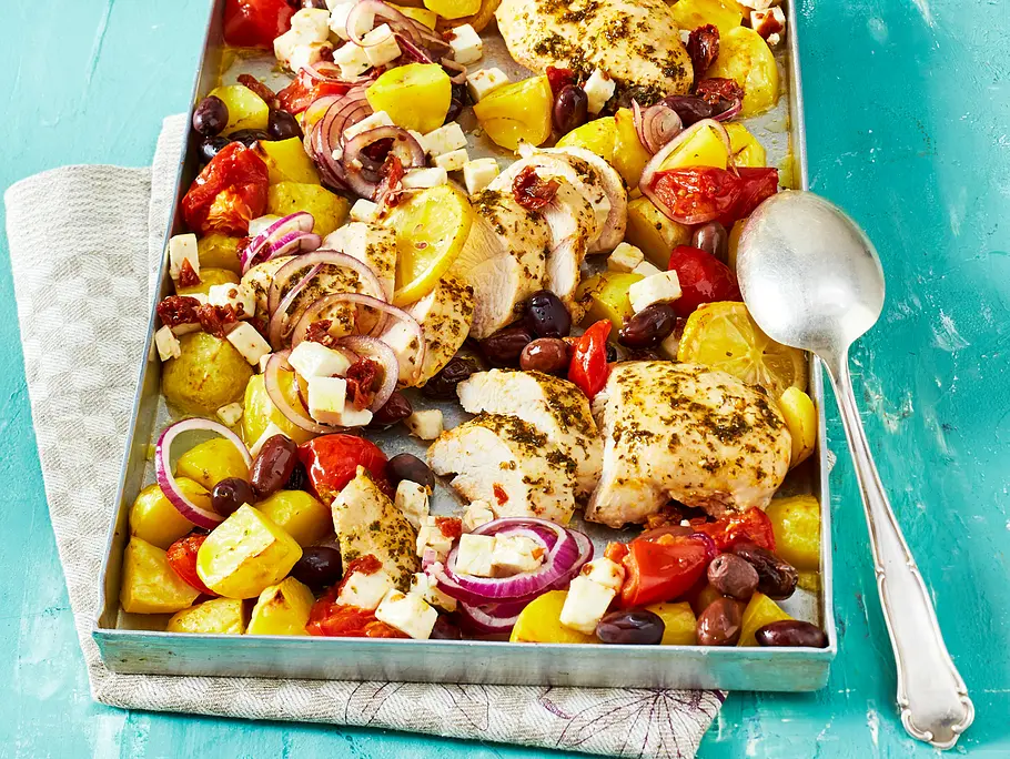 Hähnchen vom Blech nach griechischer Art Rezept Hähnchen vom Blech nach griechischer Art Rezept