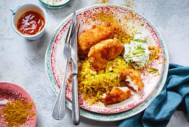 Hähnchen-Znitzel mit Zweierlei Dips und Zucchinireis Rezept Hähnchen-Znitzel mit Zweierlei Dips und Zucchinireis Rezept