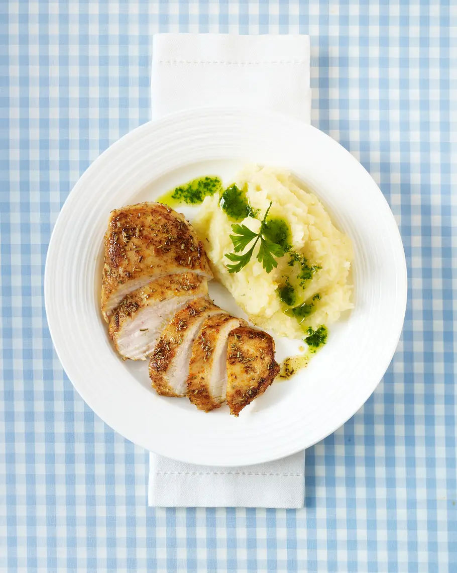 Hähnchenfilet mit Selleriepüree und Petersilien-Öl (Trennkost, Eiweiß-Gericht) Rezept