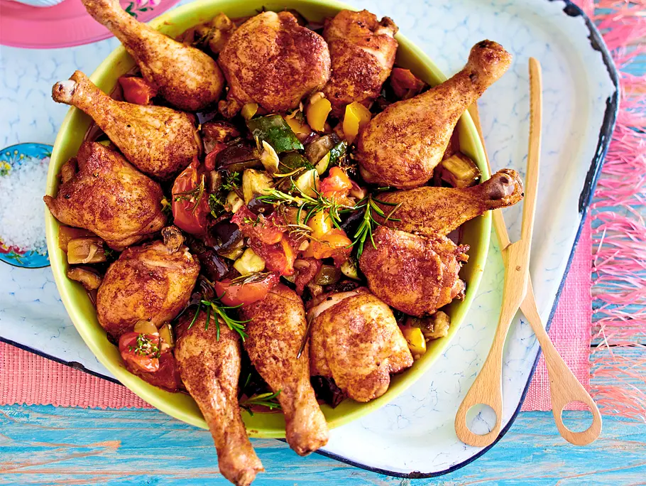 Hähnchenkeulen mit Ratatouille vom Blech Rezept