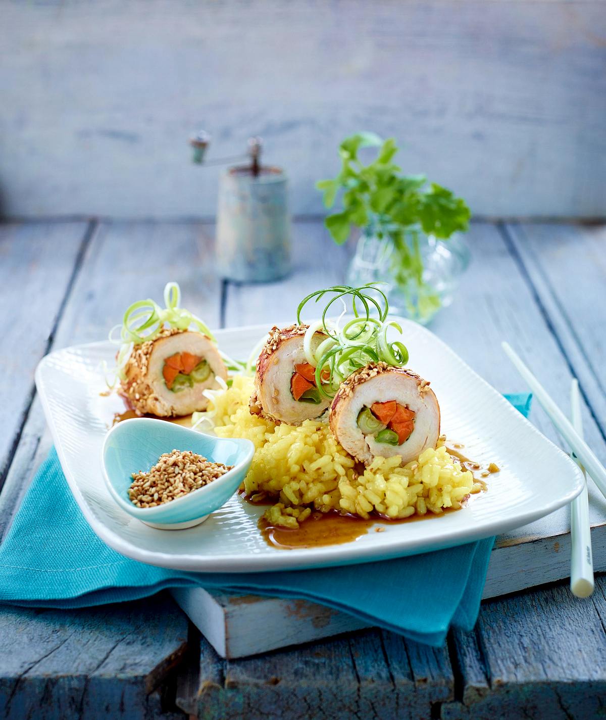 Hähnchenrouladen auf Safran-Risotto Rezept