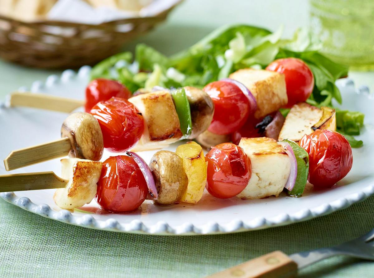 Halloumi-Pilz-Tomaten-Spieße Rezept