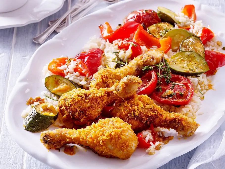 Panierte Hähnchenkeulen mit Röstgemüse aus der Heißluftfritteuse Rezept Panierte Hähnchenkeulen mit Röstgemüse aus der Heißluftfritteuse Rezept