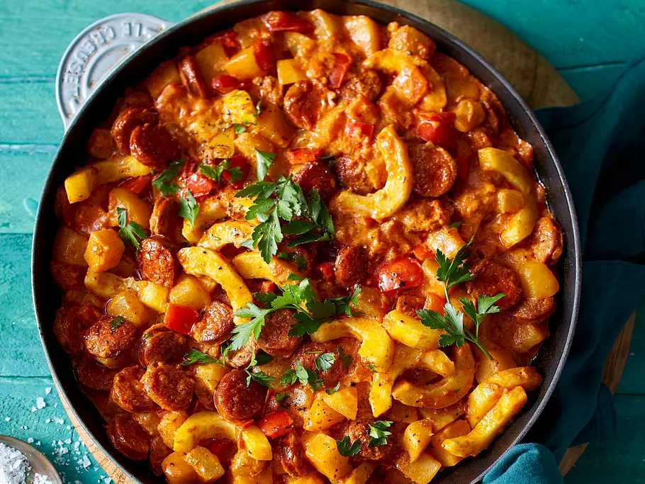 Pfanne gefüllt it Schmorgurken und Chorizo in einer Tomatigen Soße und etwas Petersilie oben drauf
