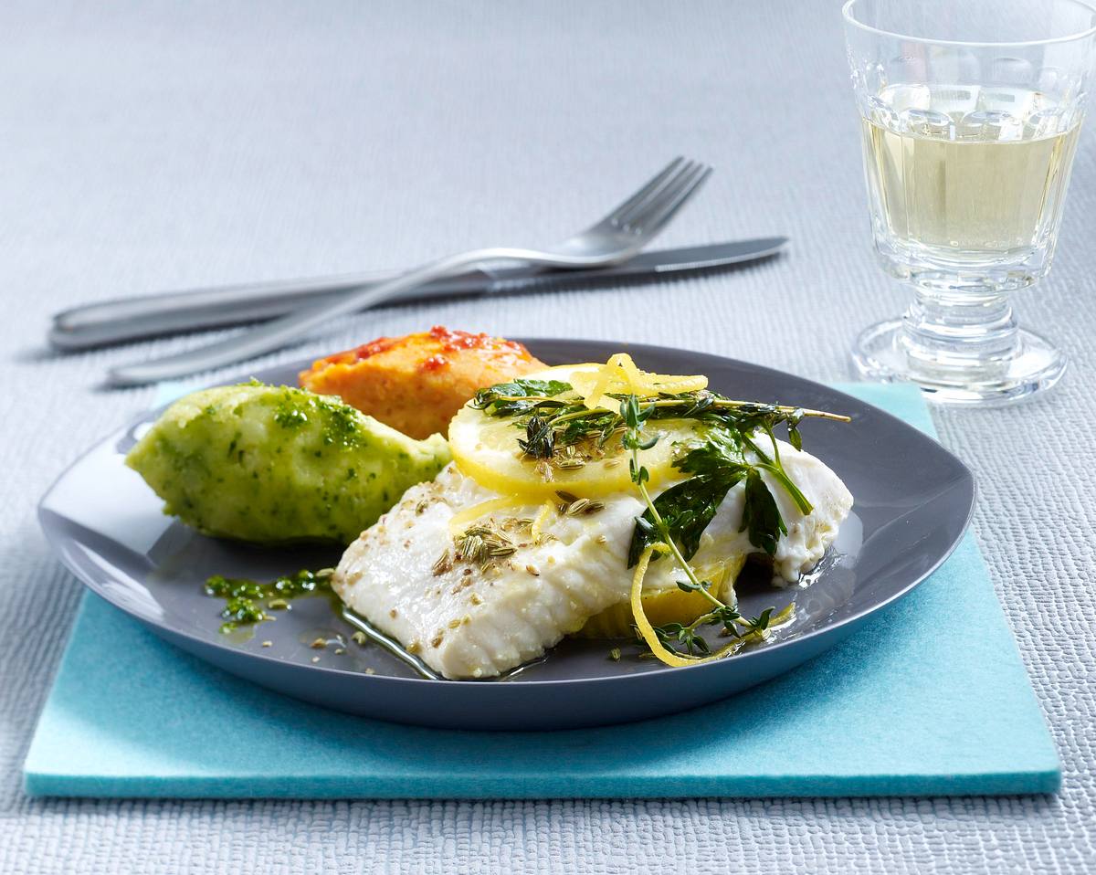 Heilbuttfilet in Champagnersud mit zweierlei Kartoffelpüree (Vatertag) Rezept
