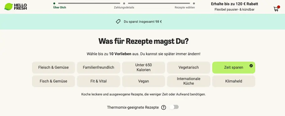 Auswahlmöglichkeiten bei HelloFresh Auswahlmöglichkeiten bei HelloFresh