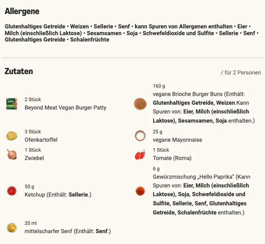 Nährwerte und Allergene zum HelloFresh-Rezept Beyond Meat Burger mit Onion Rings und Tomate Nährwerte und Allergene zum HelloFresh-Rezept Beyond Meat Burger mit Onion Rings und Tomate