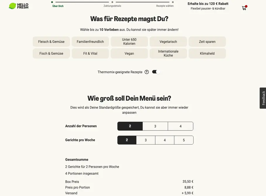 Die Bestellmaske für Neukund:innen auf der Website von HelloFresh